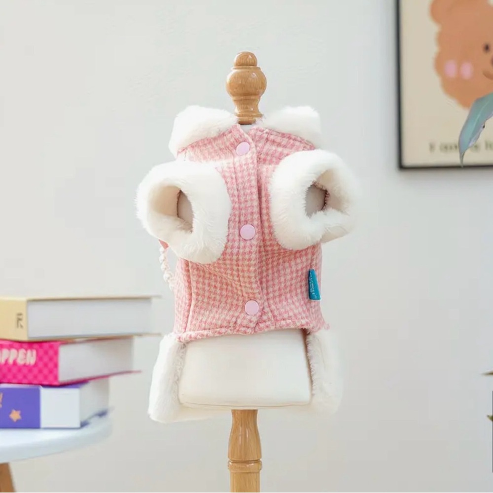 Elegant Pink Dog or Cat Fancy Jacket Coat Dress Outfit with Pearls and Faux Fur - Picture 6 of 15